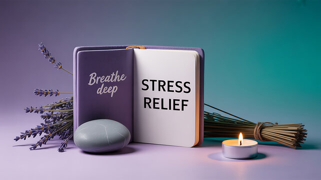 Stress relief setup with journal, lavender, candle, and stone on a gradient background