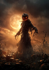 Beneath a glowing full moon, a scary scarecrow with a pumpkin head looms over a field of pumpkins. Dark clouds swirl as the night grows mysterious and magical.