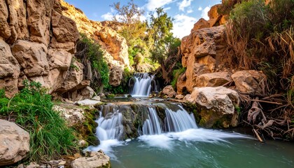 Sunny waterfall cascading through rocky canyon