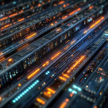 Futuristic cityscape of interconnected, glowing circuits