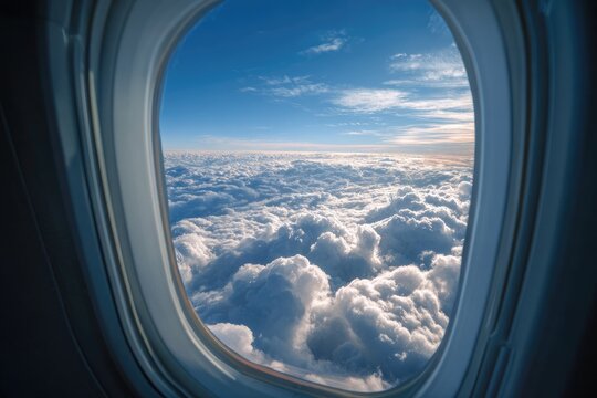 High-altitude view of clouds through an airplane window - Powered by Adobe