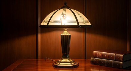 Antique brass table lamp with stained glass shade, illuminated, next to books on a wooden table.