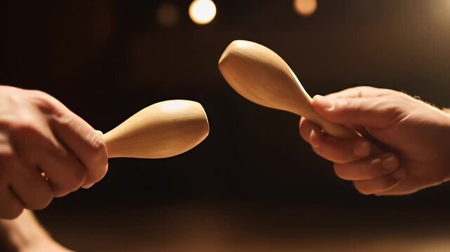 Two People Clapping Wooden Claves Together in Slow Motion with Soft Lighting