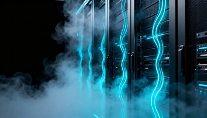 High-tech server room with neon blue light streams and surrounding mist, symbolizing cooling systems, data transmission, futuristic IT infrastructure, cloud computing, and secure networks.