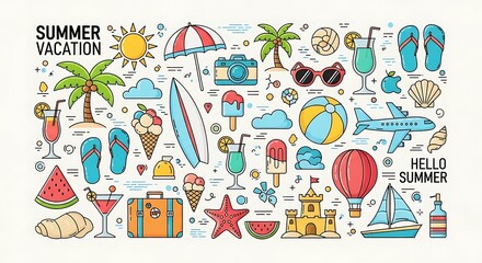 Vibrant summer vacation elements vector collection banner illustration
