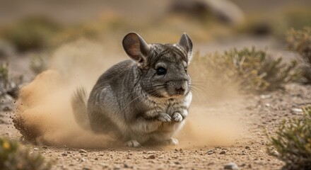 Naklejka premium Gray chinchilla running through dust