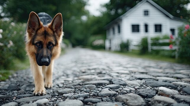 German Shepherd Walking on Stone Paved Road Towards Camera with White House and Green Trees on Background Under Soft Lighting