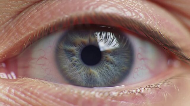Extreme close up macro shot of a human blue eye with a detailed iris and pupil looking directly into the camera representing vision biometrics and ophthalmology.