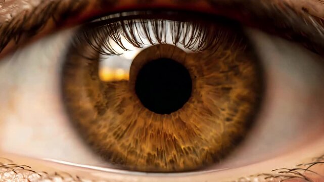 Extreme close up macro shot of a human brown eye with a detailed iris and pupil looking directly at the camera representing vision and perception.