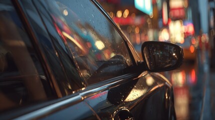 Car side mirror reflecting city lights at night, urban scene.