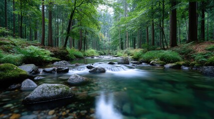 Cascading Waterfall Through Green Forest With Mossy Rocks and Smooth Water Surface in Natural Lighting