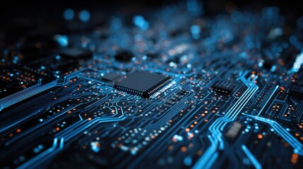 Close-up of a modern computer motherboard with glowing blue circuits.