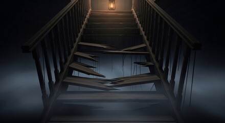 Old wooden staircase broken steps faint lantern light overhead and dark hazy backdrop