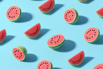Watermelon slices arranged in a grid pattern on a pastel blue background