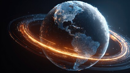 A 3D rendered Earth with a fiery ring