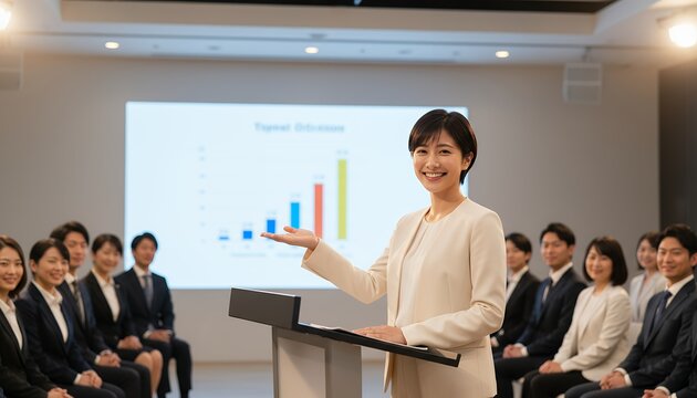 笑顔で聴衆にプレゼンする女性講師