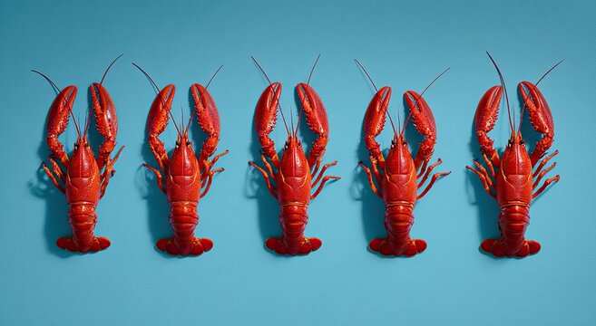 Five red crawfish in a row