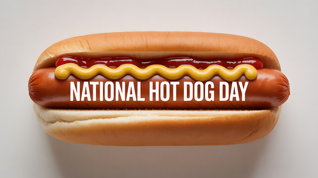 National Hot Dog Day celebration with a classic hot dog topped with mustard and ketchup