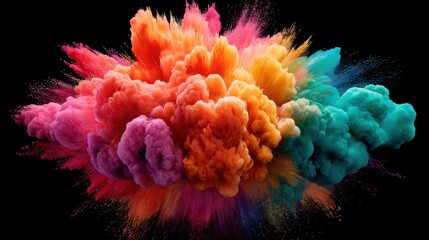Obraz premium Colorful Explosion of Dust and Smoke Showcasing Vibrant Shades of Orange, Pink, Purple, and Turquoise Against a Black Background