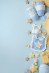 Flat lay composition of baby accessories with blue bib, shoes, bottle, pacifier, toy bear and care items on pastel background, symbolizing newborn essentials, childcare and parenting concept