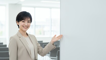 ホワイトボードの前で微笑むビジネスウーマン