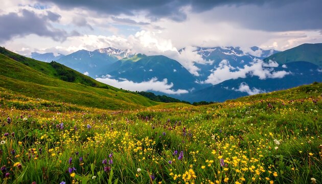 Alpine meadow with wildflowers, mountains, and clouds - Powered by Adobe