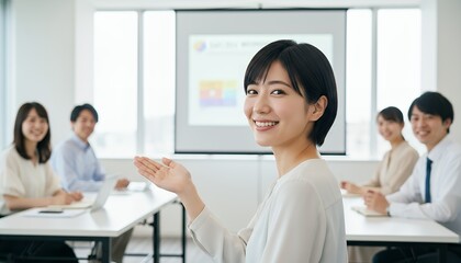 会議で聴衆に笑顔を向けるプレゼンター