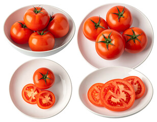 Four white plates showcasing whole and sliced red tomatoes