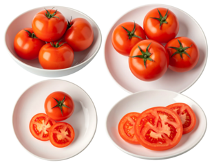 Four white plates showcasing whole and sliced red tomatoes
