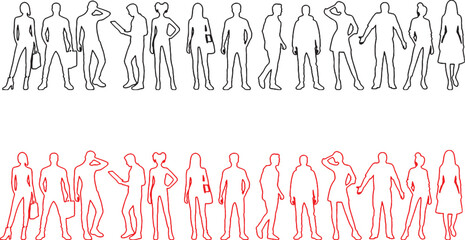 people, silhouette, outline, figure, person, man, woman, standing, pose, gesture, fashion, style, black, red, white background, collection, group, set, graphic, design, element, icon, illustration, ch