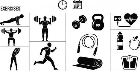 Black and white graphic illustration of various exercises and fitness related equipment and symbols