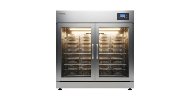 Front view of a modern stainless steel warming cabinet with glass doors isolated on transparent background, designed to keep food at optimal serving temperature - Powered by Adobe