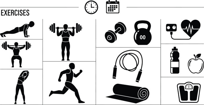 Black and white graphic illustration of various exercises and fitness related equipment and symbols