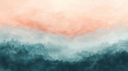 Abstract watercolor landscape with soft peach sky over misty teal mountains
