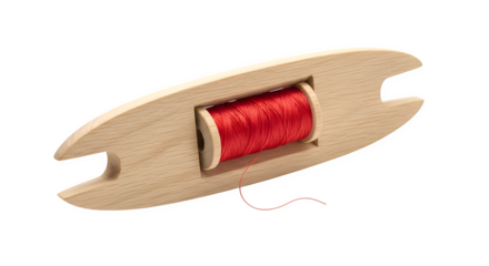 Closeup of a vintage wooden weaving shuttle with red thread isolated on transparent background, a tool used in traditional textile production