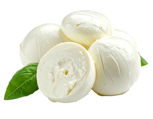 Fresh mozzarella balls, sliced, on basil leaves