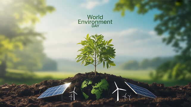 A young tree growing from a globe surrounded by solar panels and wind turbines, symbolizing environmental sustainability on World Environment Day.