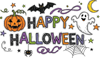 Fototapeta premium A festive happy halloween illustration with a pumpkin, bat, ghost, and other halloween themed elements