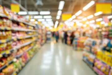 Blurred view of a grocery store aisle featuring shelves stocked with various products and shoppers in the background