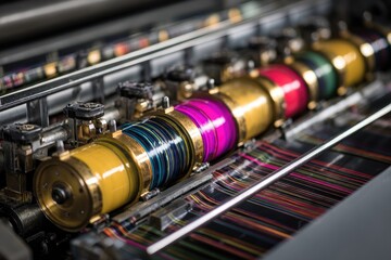 Close-up of a large color printing press