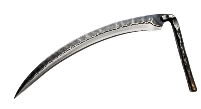 Antique rusty scythe isolated on transparent background, a vintage farming tool with a curved blade, evoking a sense of history and agricultural heritage