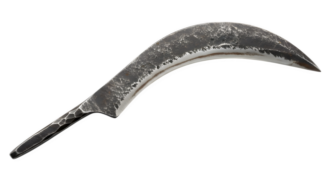 Antique rusty sickle isolated on transparent background, a vintage farming tool with a curved blade, evoking a sense of history and agricultural heritage