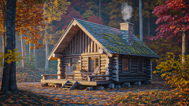 Cozy log cabin nestled in a vibrant autumn forest with a smoking chimney