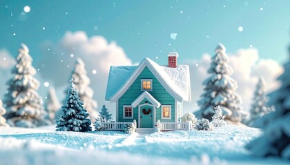 Fototapeta premium Tiny teal house in snowy winter wonderland