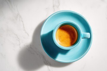 Espresso in a light blue cup and saucer on a marble surface