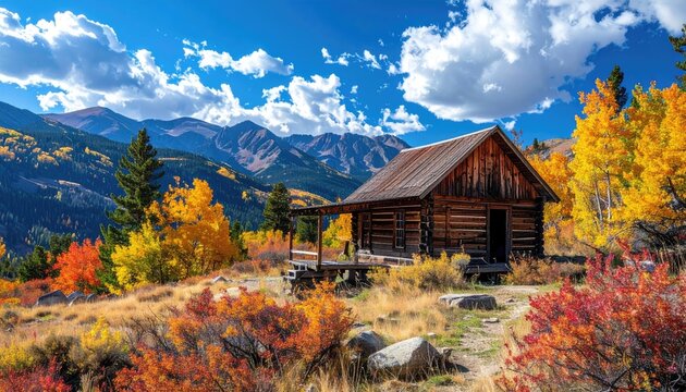 Rustic cabin nestled in autumnal mountain landscape