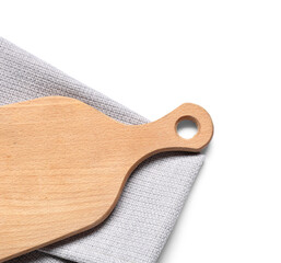 Wooden cutting board and grey napkin on white background