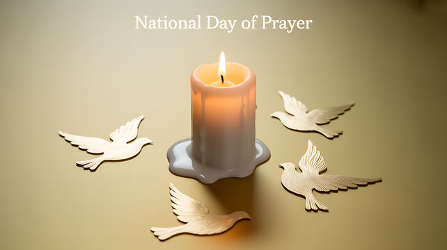 Candle with paper doves arranged around it for National Day of Prayer