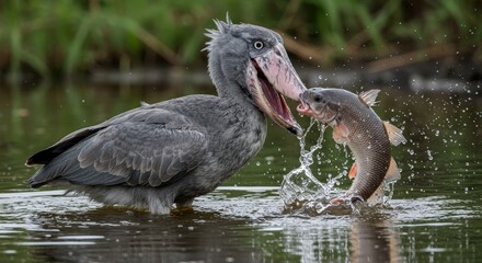 Obraz premium Grey bird catching fish in water