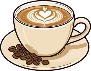 Obraz premium Hot Coffee Cup Illustration with Coffee Beans on Saucer